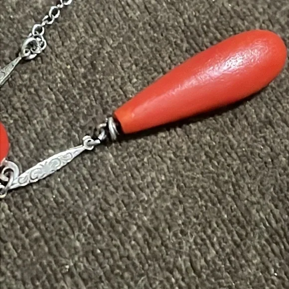 Sterling Vtg real solid Silver Red Carnelian Lavalier Necklace 16” Fine Jewelry